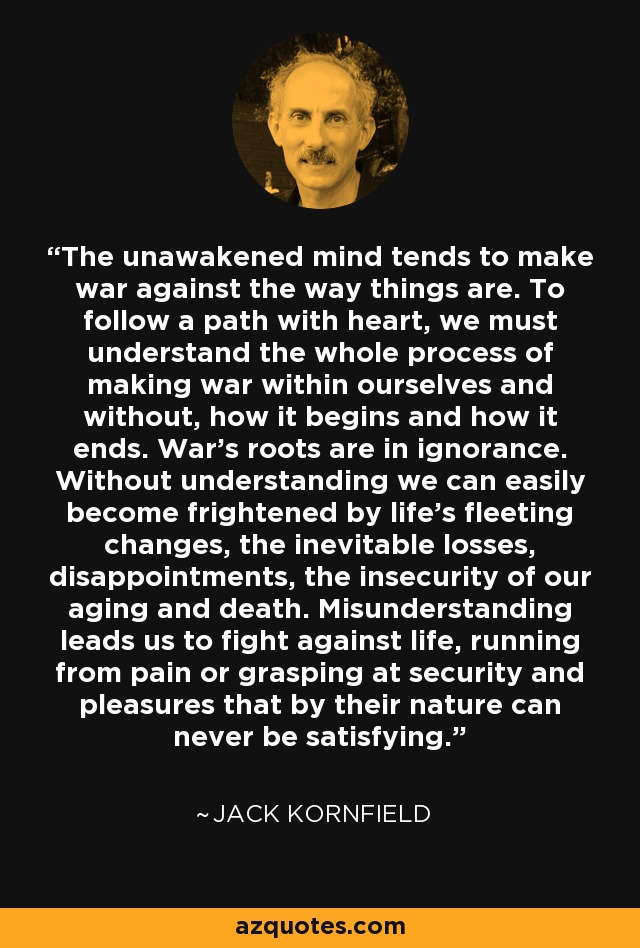 The unawakened mind tends to make war against the way things are. To follow a path with heart, we must understand the whole process of making war within ourselves and without, how it begins and how it ends. War’s roots are in ignorance. Without understanding we can easily become frightened by life’s fleeting changes, the inevitable losses, disappointments, the insecurity of our aging and death. Misunderstanding leads us to fight against life, running from pain or grasping at security and pleasures that by their nature can never be satisfying. - Jack Kornfield