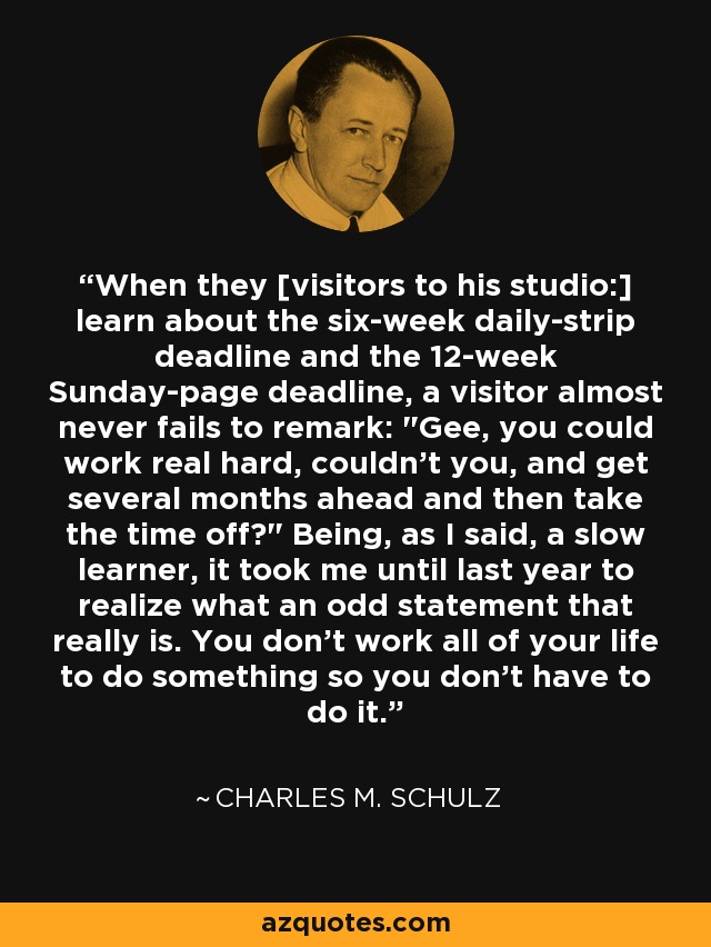 When they [visitors to his studio:] learn about the six-week daily-strip deadline and the 12-week Sunday-page deadline, a visitor almost never fails to remark: 