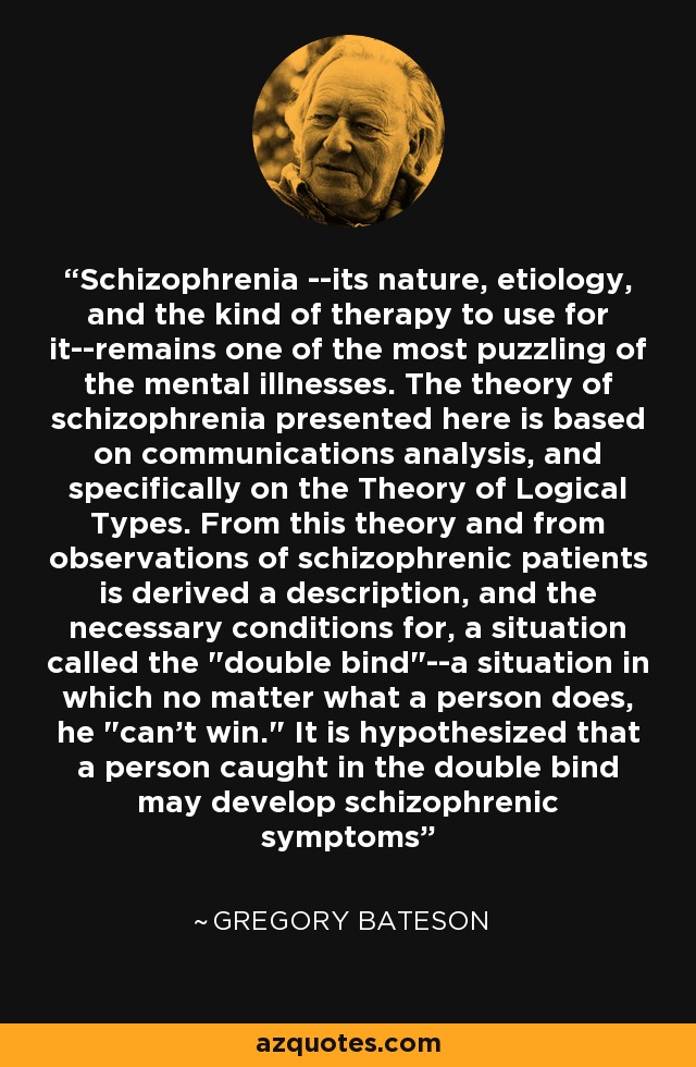 Schizophrenia --its nature, etiology, and the kind of therapy to use for it--remains one of the most puzzling of the mental illnesses. The theory of schizophrenia presented here is based on communications analysis, and specifically on the Theory of Logical Types. From this theory and from observations of schizophrenic patients is derived a description, and the necessary conditions for, a situation called the 