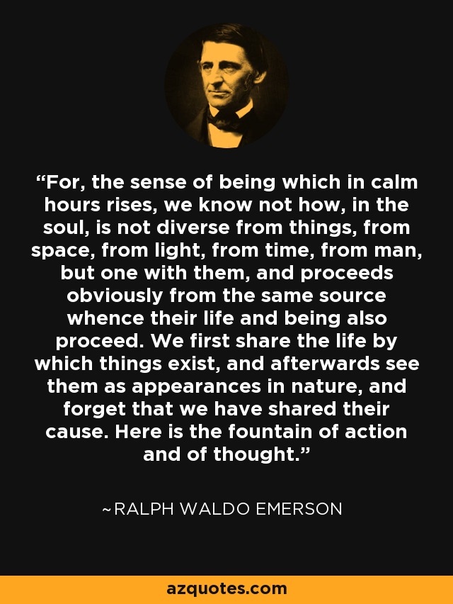 For, the sense of being which in calm hours rises, we know not how, in the soul, is not diverse from things, from space, from light, from time, from man, but one with them, and proceeds obviously from the same source whence their life and being also proceed. We first share the life by which things exist, and afterwards see them as appearances in nature, and forget that we have shared their cause. Here is the fountain of action and of thought. - Ralph Waldo Emerson