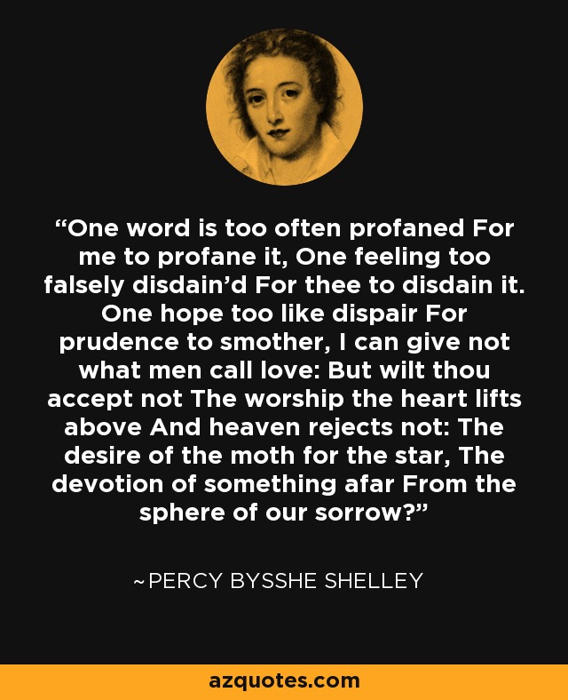 Percy Bysshe Shelley quote: One word is too often profaned For me to