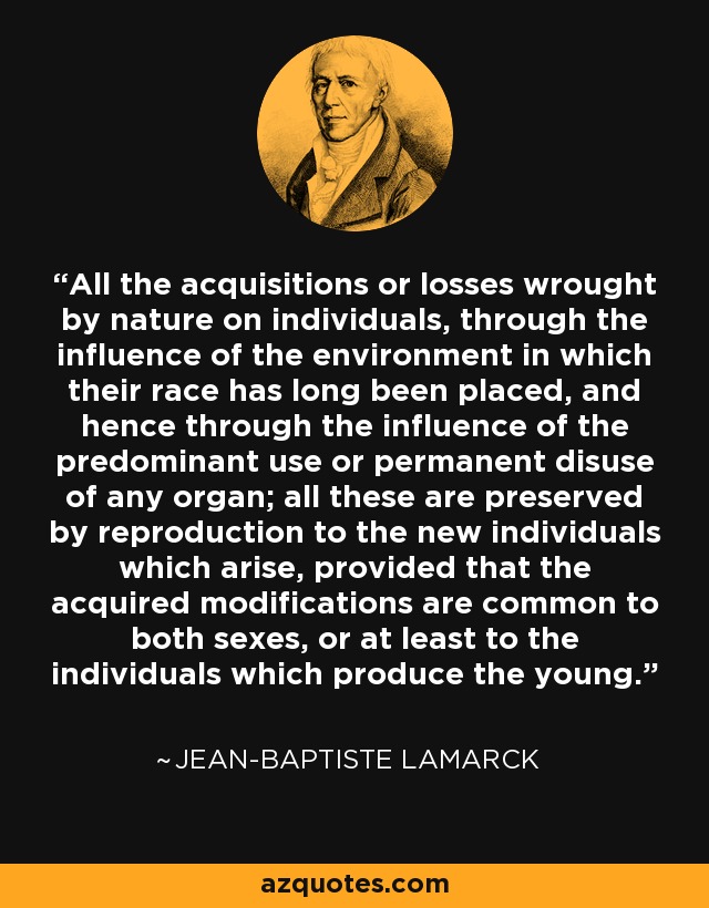 All the acquisitions or losses wrought by nature on individuals, through the influence of the environment in which their race has long been placed, and hence through the influence of the predominant use or permanent disuse of any organ; all these are preserved by reproduction to the new individuals which arise, provided that the acquired modifications are common to both sexes, or at least to the individuals which produce the young. - Jean-Baptiste Lamarck