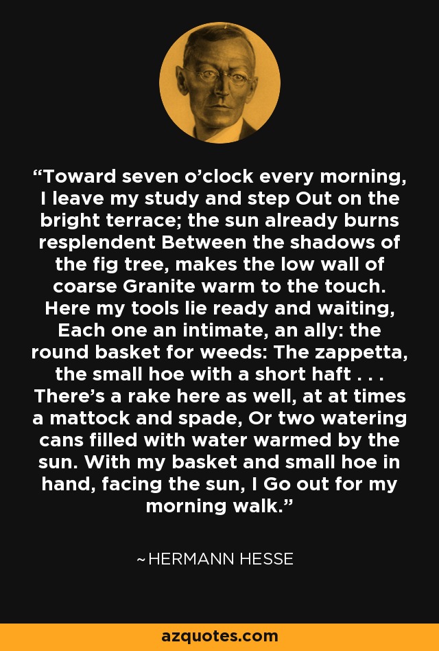 Toward seven o'clock every morning, I leave my study and step Out on the bright terrace; the sun already burns resplendent Between the shadows of the fig tree, makes the low wall of coarse Granite warm to the touch. Here my tools lie ready and waiting, Each one an intimate, an ally: the round basket for weeds: The zappetta, the small hoe with a short haft . . . There's a rake here as well, at at times a mattock and spade, Or two watering cans filled with water warmed by the sun. With my basket and small hoe in hand, facing the sun, I Go out for my morning walk. - Hermann Hesse