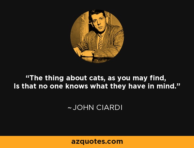 The thing about cats, as you may find, Is that no one knows what they have in mind. - John Ciardi