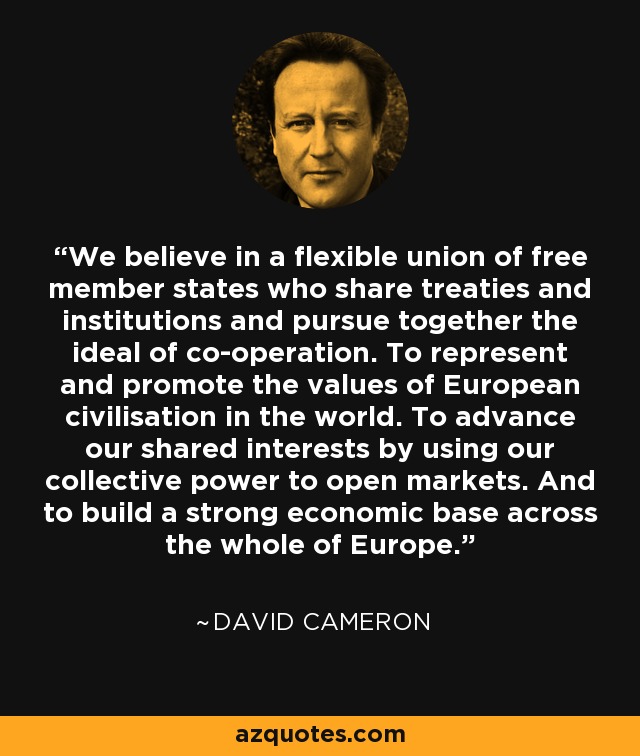 We believe in a flexible union of free member states who share treaties and institutions and pursue together the ideal of co-operation. To represent and promote the values of European civilisation in the world. To advance our shared interests by using our collective power to open markets. And to build a strong economic base across the whole of Europe. - David Cameron
