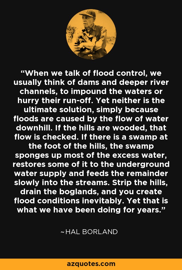 When we talk of flood control, we usually think of dams and deeper river channels, to impound the waters or hurry their run-off. Yet neither is the ultimate solution, simply because floods are caused by the flow of water downhill. If the hills are wooded, that flow is checked. If there is a swamp at the foot of the hills, the swamp sponges up most of the excess water, restores some of it to the underground water supply and feeds the remainder slowly into the streams. Strip the hills, drain the boglands, and you create flood conditions inevitably. Yet that is what we have been doing for years. - Hal Borland