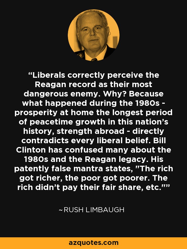 Liberals correctly perceive the Reagan record as their most dangerous enemy. Why? Because what happened during the 1980s - prosperity at home the longest period of peacetime growth in this nation's history, strength abroad - directly contradicts every liberal belief. Bill Clinton has confused many about the 1980s and the Reagan legacy. His patently false mantra states, 