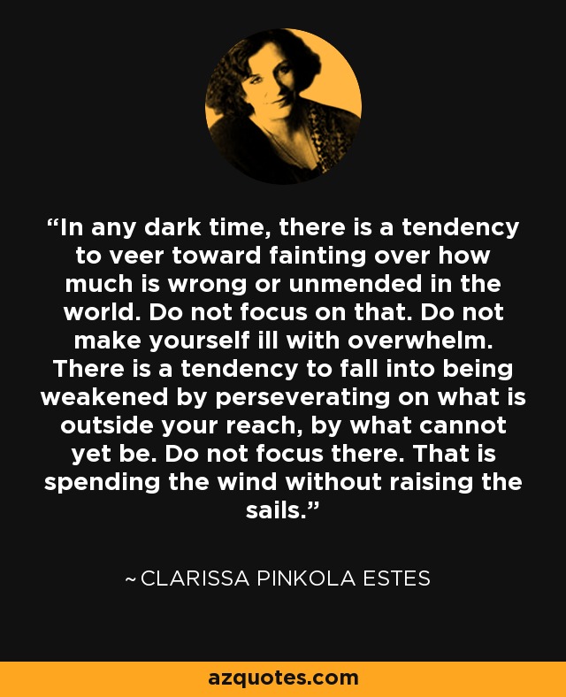 In any dark time, there is a tendency to veer toward fainting over how much is wrong or unmended in the world. Do not focus on that. Do not make yourself ill with overwhelm. There is a tendency to fall into being weakened by perseverating on what is outside your reach, by what cannot yet be. Do not focus there. That is spending the wind without raising the sails. - Clarissa Pinkola Estes