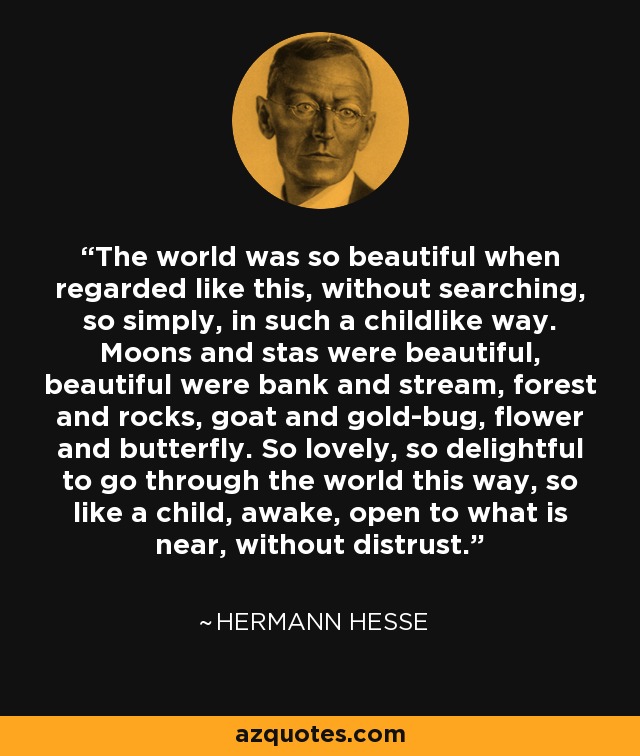 The world was so beautiful when regarded like this, without searching, so simply, in such a childlike way. Moons and stas were beautiful, beautiful were bank and stream, forest and rocks, goat and gold-bug, flower and butterfly. So lovely, so delightful to go through the world this way, so like a child, awake, open to what is near, without distrust. - Hermann Hesse