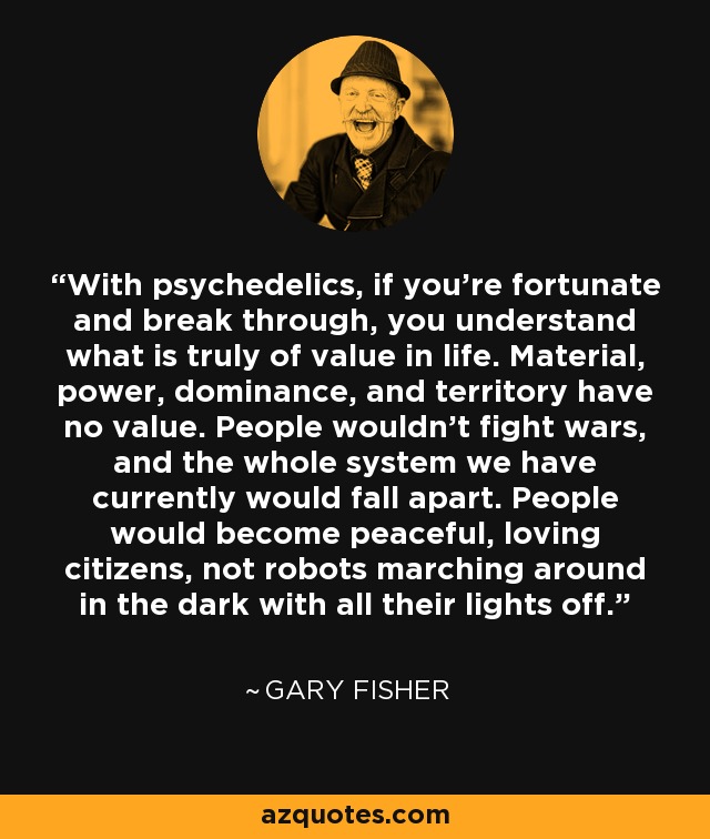 With psychedelics, if you're fortunate and break through, you understand what is truly of value in life. Material, power, dominance, and territory have no value. People wouldn't fight wars, and the whole system we have currently would fall apart. People would become peaceful, loving citizens, not robots marching around in the dark with all their lights off. - Gary Fisher