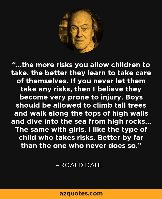...the more risks you allow children to take, the better they learn to take care of themselves. If you never let them take any risks, then I believe they become very prone to injury. Boys should be allowed to climb tall trees and walk along the tops of high walls and dive into the sea from high rocks... The same with girls. I like the type of child who takes risks. Better by far than the one who never does so. - Roald Dahl
