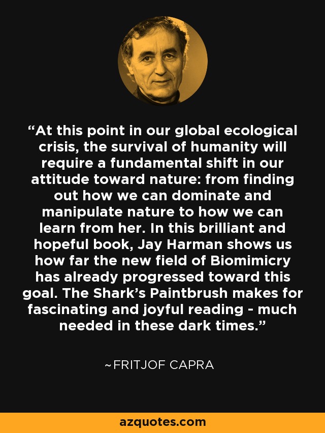 At this point in our global ecological crisis, the survival of humanity will require a fundamental shift in our attitude toward nature: from finding out how we can dominate and manipulate nature to how we can learn from her. In this brilliant and hopeful book, Jay Harman shows us how far the new field of Biomimicry has already progressed toward this goal. The Shark's Paintbrush makes for fascinating and joyful reading - much needed in these dark times. - Fritjof Capra