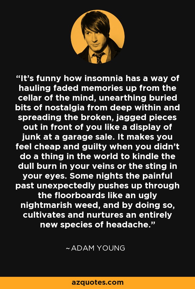 It's funny how insomnia has a way of hauling faded memories up from the cellar of the mind, unearthing buried bits of nostalgia from deep within and spreading the broken, jagged pieces out in front of you like a display of junk at a garage sale. It makes you feel cheap and guilty when you didn't do a thing in the world to kindle the dull burn in your veins or the sting in your eyes. Some nights the painful past unexpectedly pushes up through the floorboards like an ugly nightmarish weed, and by doing so, cultivates and nurtures an entirely new species of headache. - Adam Young