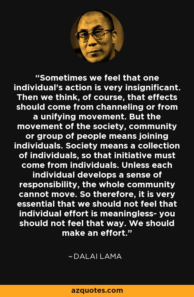 Sometimes we feel that one individual's action is very insignificant. Then we think, of course, that effects should come from channeling or from a unifying movement. But the movement of the society, community or group of people means joining individuals. Society means a collection of individuals, so that initiative must come from individuals. Unless each individual develops a sense of responsibility, the whole community cannot move. So therefore, it is very essential that we should not feel that individual effort is meaningless- you should not feel that way. We should make an effort. - Dalai Lama