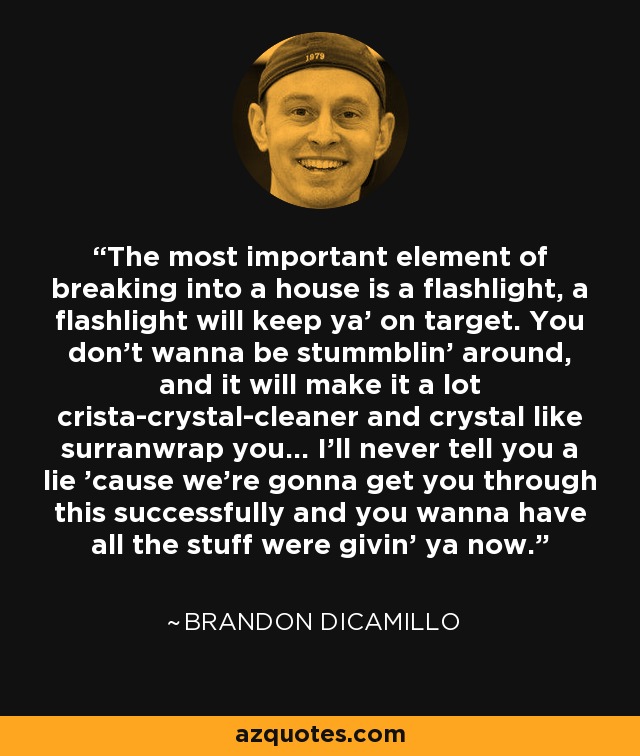 The most important element of breaking into a house is a flashlight, a flashlight will keep ya' on target. You don't wanna be stummblin' around, and it will make it a lot crista-crystal-cleaner and crystal like surranwrap you... I'll never tell you a lie 'cause we're gonna get you through this successfully and you wanna have all the stuff were givin' ya now. - Brandon DiCamillo