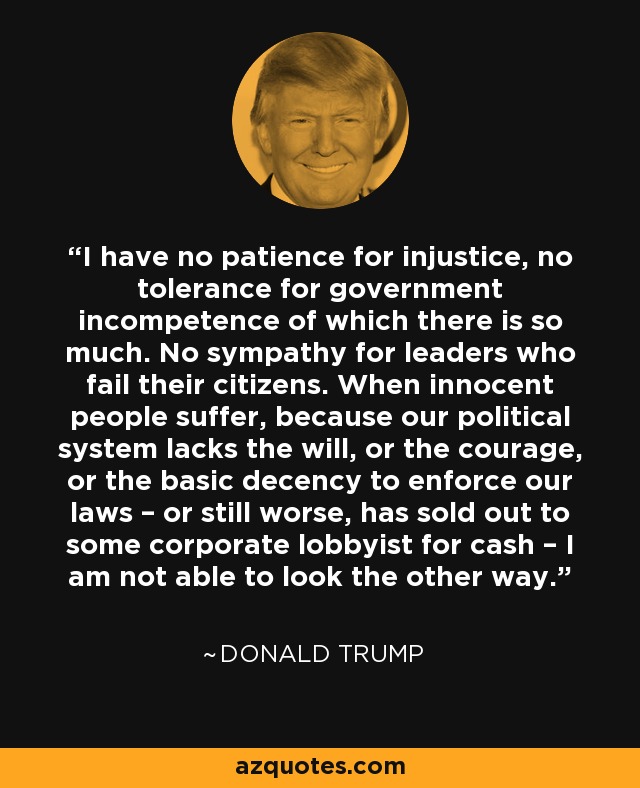 I have no patience for injustice, no tolerance for government incompetence of which there is so much. No sympathy for leaders who fail their citizens. When innocent people suffer, because our political system lacks the will, or the courage, or the basic decency to enforce our laws – or still worse, has sold out to some corporate lobbyist for cash – I am not able to look the other way. - Donald Trump