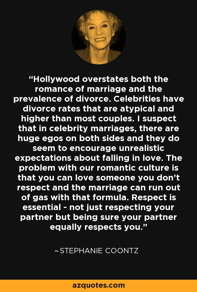 Hollywood overstates both the romance of marriage and the prevalence of divorce. Celebrities have divorce rates that are atypical and higher than most couples. I suspect that in celebrity marriages, there are huge egos on both sides and they do seem to encourage unrealistic expectations about falling in love. The problem with our romantic culture is that you can love someone you don't respect and the marriage can run out of gas with that formula. Respect is essential - not just respecting your partner but being sure your partner equally respects you. - Stephanie Coontz