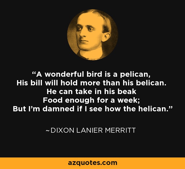 Dixon Lanier Merritt quote: A wonderful bird is a pelican, His bill will  hold...