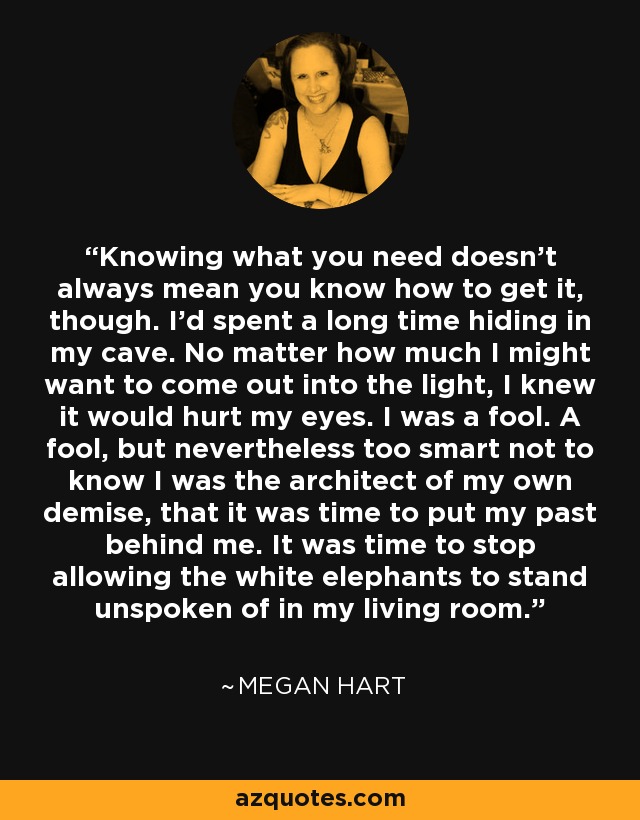 Knowing what you need doesn't always mean you know how to get it, though. I'd spent a long time hiding in my cave. No matter how much I might want to come out into the light, I knew it would hurt my eyes. I was a fool. A fool, but nevertheless too smart not to know I was the architect of my own demise, that it was time to put my past behind me. It was time to stop allowing the white elephants to stand unspoken of in my living room. - Megan Hart