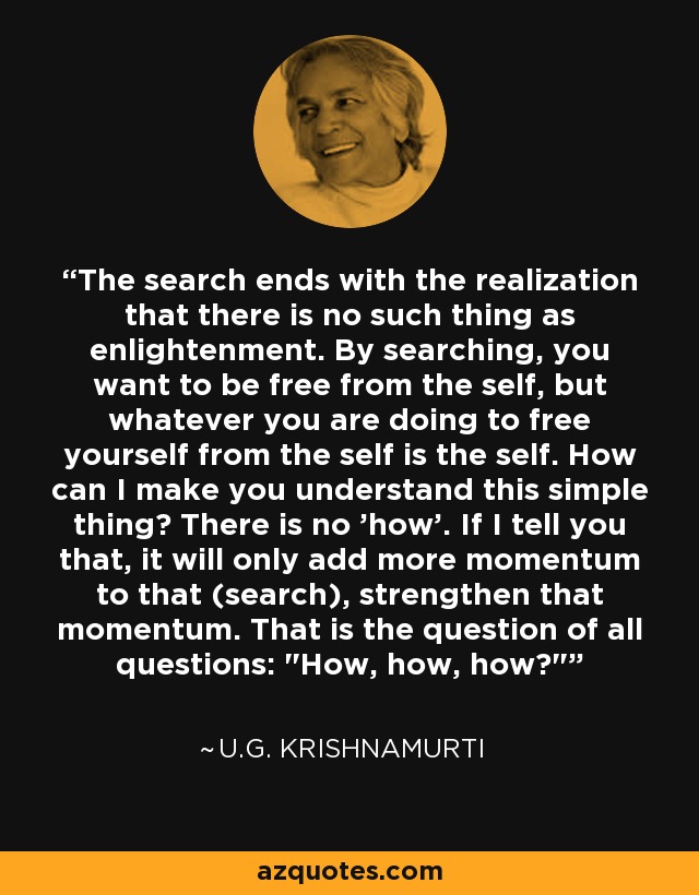 The search ends with the realization that there is no such thing as enlightenment. By searching, you want to be free from the self, but whatever you are doing to free yourself from the self is the self. How can I make you understand this simple thing? There is no 'how'. If I tell you that, it will only add more momentum to that (search), strengthen that momentum. That is the question of all questions: 