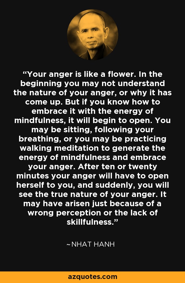 Your anger is like a flower. In the beginning you may not understand the nature of your anger, or why it has come up. But if you know how to embrace it with the energy of mindfulness, it will begin to open. You may be sitting, following your breathing, or you may be practicing walking meditation to generate the energy of mindfulness and embrace your anger. After ten or twenty minutes your anger will have to open herself to you, and suddenly, you will see the true nature of your anger. It may have arisen just because of a wrong perception or the lack of skillfulness. - Nhat Hanh