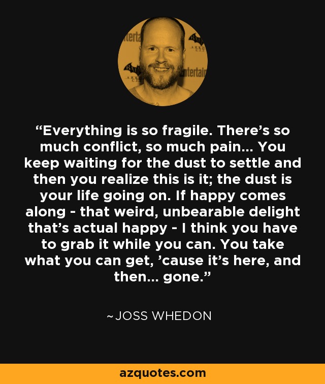 Everything is so fragile. There's so much conflict, so much pain... You keep waiting for the dust to settle and then you realize this is it; the dust is your life going on. If happy comes along - that weird, unbearable delight that's actual happy - I think you have to grab it while you can. You take what you can get, 'cause it's here, and then... gone. - Joss Whedon