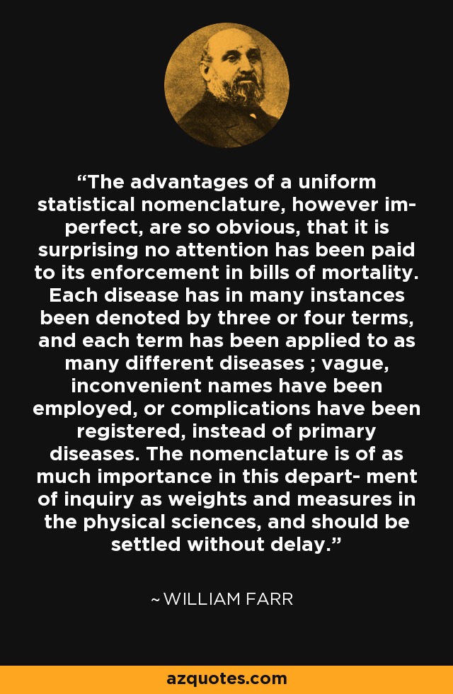 The advantages of a uniform statistical nomenclature, however im- perfect, are so obvious, that it is surprising no attention has been paid to its enforcement in bills of mortality. Each disease has in many instances been denoted by three or four terms, and each term has been applied to as many different diseases ; vague, inconvenient names have been employed, or complications have been registered, instead of primary diseases. The nomenclature is of as much importance in this depart- ment of inquiry as weights and measures in the physical sciences, and should be settled without delay. - William Farr