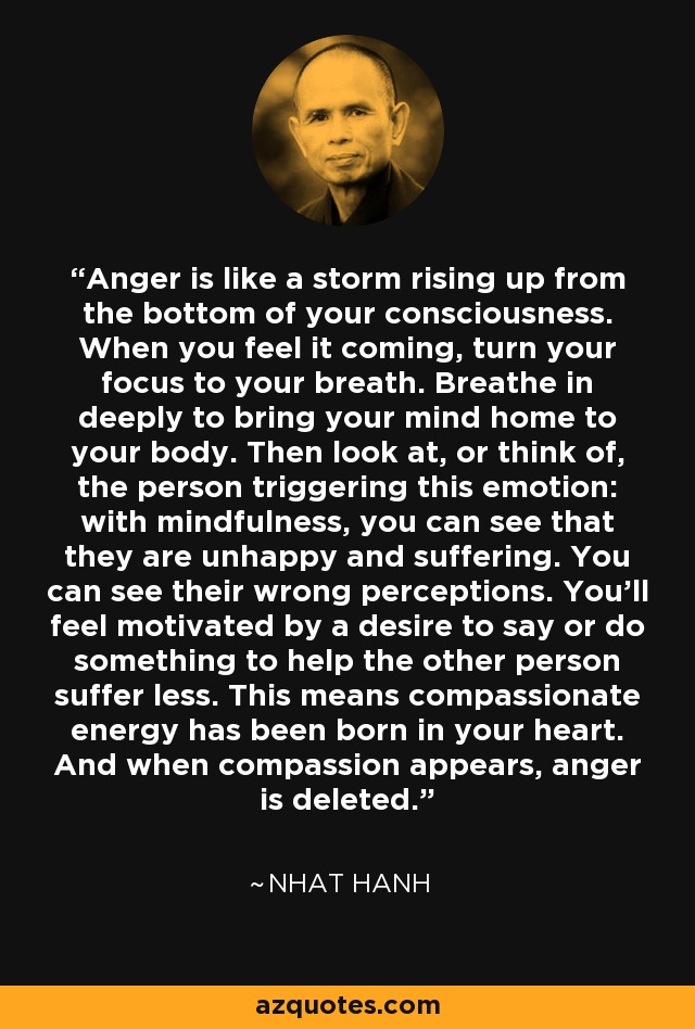 Anger is like a storm rising up from the bottom of your consciousness. When you feel it coming, turn your focus to your breath. Breathe in deeply to bring your mind home to your body. Then look at, or think of, the person triggering this emotion: with mindfulness, you can see that they are unhappy and suffering. You can see their wrong perceptions. You'll feel motivated by a desire to say or do something to help the other person suffer less. This means compassionate energy has been born in your heart. And when compassion appears, anger is deleted. - Nhat Hanh