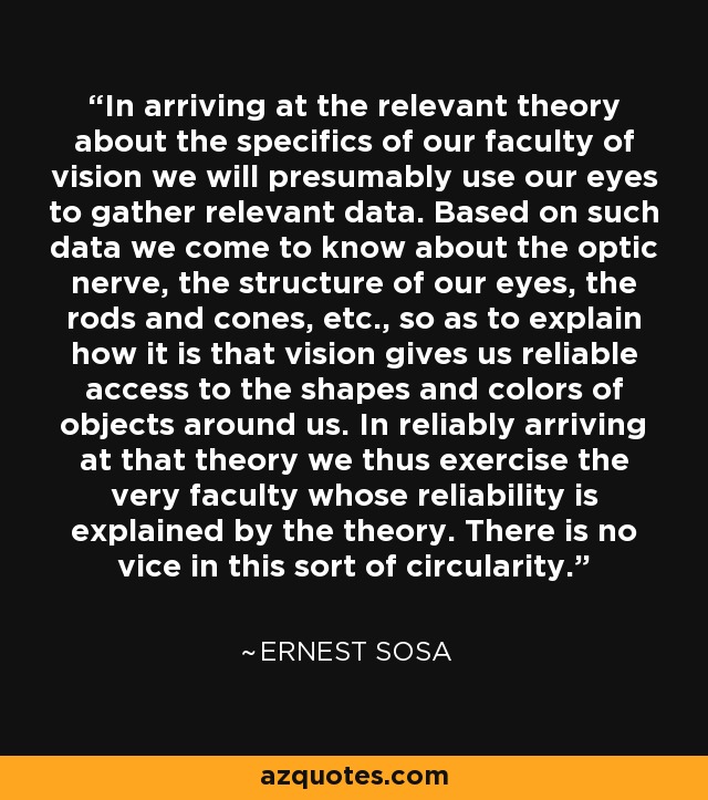 In arriving at the relevant theory about the specifics of our faculty of vision we will presumably use our eyes to gather relevant data. Based on such data we come to know about the optic nerve, the structure of our eyes, the rods and cones, etc., so as to explain how it is that vision gives us reliable access to the shapes and colors of objects around us. In reliably arriving at that theory we thus exercise the very faculty whose reliability is explained by the theory. There is no vice in this sort of circularity. - Ernest Sosa