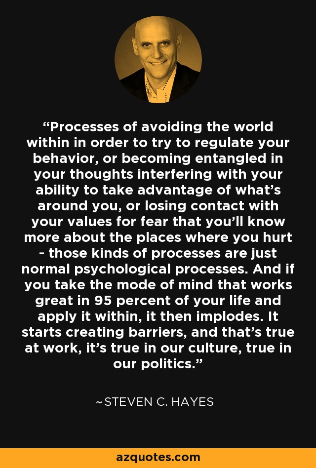 Processes of avoiding the world within in order to try to regulate your behavior, or becoming entangled in your thoughts interfering with your ability to take advantage of what's around you, or losing contact with your values for fear that you'll know more about the places where you hurt - those kinds of processes are just normal psychological processes. And if you take the mode of mind that works great in 95 percent of your life and apply it within, it then implodes. It starts creating barriers, and that's true at work, it's true in our culture, true in our politics. - Steven C. Hayes