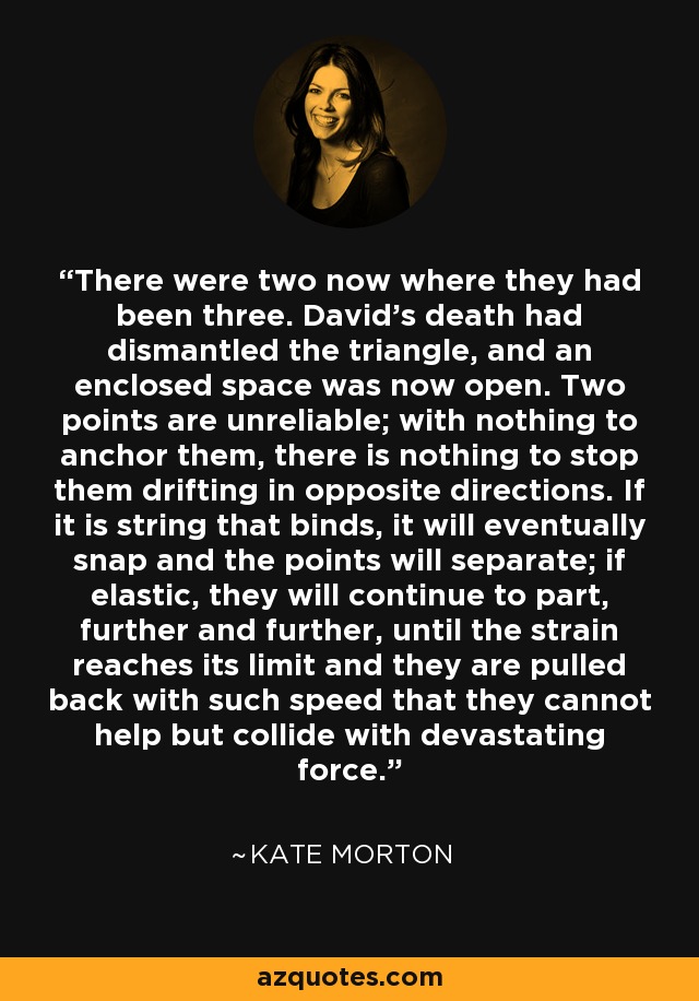 There were two now where they had been three. David's death had dismantled the triangle, and an enclosed space was now open. Two points are unreliable; with nothing to anchor them, there is nothing to stop them drifting in opposite directions. If it is string that binds, it will eventually snap and the points will separate; if elastic, they will continue to part, further and further, until the strain reaches its limit and they are pulled back with such speed that they cannot help but collide with devastating force. - Kate Morton