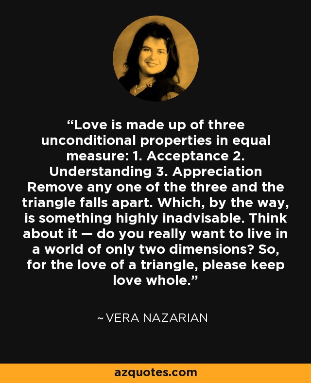 Love is made up of three unconditional properties in equal measure: 1. Acceptance 2. Understanding 3. Appreciation Remove any one of the three and the triangle falls apart. Which, by the way, is something highly inadvisable. Think about it — do you really want to live in a world of only two dimensions? So, for the love of a triangle, please keep love whole. - Vera Nazarian