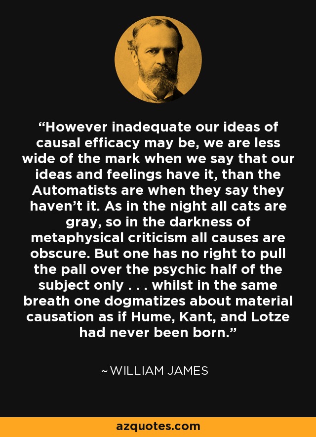 However inadequate our ideas of causal efficacy may be, we are less wide of the mark when we say that our ideas and feelings have it, than the Automatists are when they say they haven't it. As in the night all cats are gray, so in the darkness of metaphysical criticism all causes are obscure. But one has no right to pull the pall over the psychic half of the subject only . . . whilst in the same breath one dogmatizes about material causation as if Hume, Kant, and Lotze had never been born. - William James