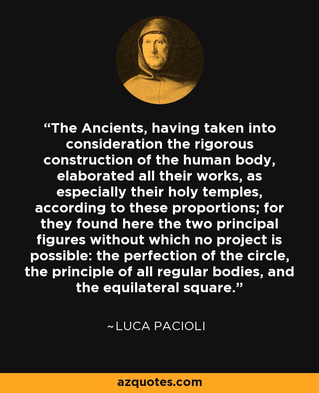 The Ancients, having taken into consideration the rigorous construction of the human body, elaborated all their works, as especially their holy temples, according to these proportions; for they found here the two principal figures without which no project is possible: the perfection of the circle, the principle of all regular bodies, and the equilateral square. - Luca Pacioli