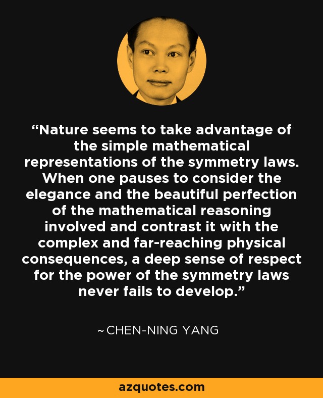 Nature seems to take advantage of the simple mathematical representations of the symmetry laws. When one pauses to consider the elegance and the beautiful perfection of the mathematical reasoning involved and contrast it with the complex and far-reaching physical consequences, a deep sense of respect for the power of the symmetry laws never fails to develop. - Chen-Ning Yang