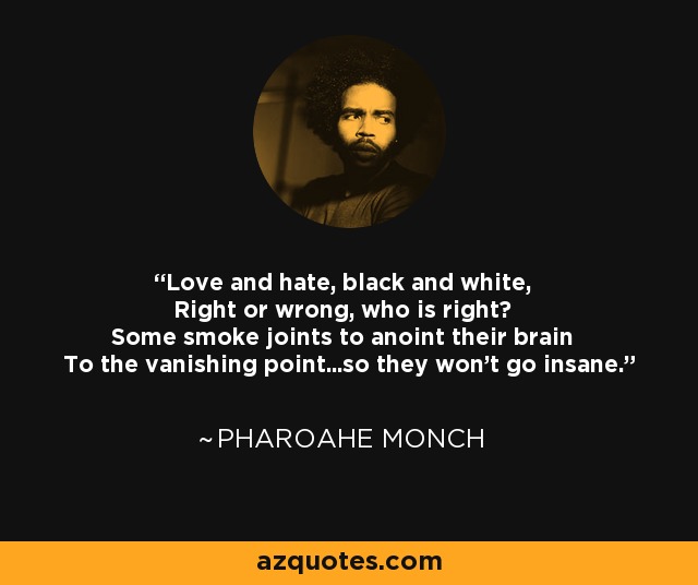 Love and hate, black and white, Right or wrong, who is right? Some smoke joints to anoint their brain To the vanishing point...so they won't go insane. - Pharoahe Monch