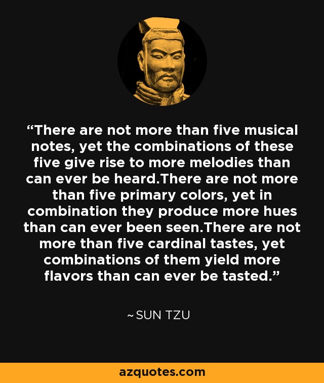 There are not more than five musical notes, yet the combinations of these five give rise to more melodies than can ever be heard.There are not more than five primary colors, yet in combination they produce more hues than can ever been seen.There are not more than five cardinal tastes, yet combinations of them yield more flavors than can ever be tasted. - Sun Tzu