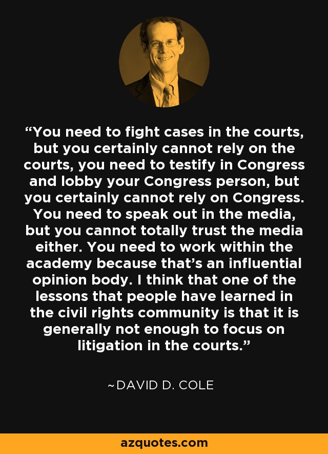 You need to fight cases in the courts, but you certainly cannot rely on the courts, you need to testify in Congress and lobby your Congress person, but you certainly cannot rely on Congress. You need to speak out in the media, but you cannot totally trust the media either. You need to work within the academy because that's an influential opinion body. I think that one of the lessons that people have learned in the civil rights community is that it is generally not enough to focus on litigation in the courts. - David D. Cole