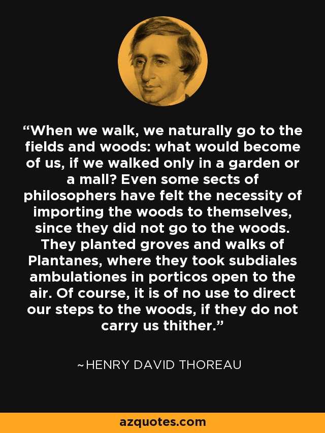 When we walk, we naturally go to the fields and woods: what would become of us, if we walked only in a garden or a mall? Even some sects of philosophers have felt the necessity of importing the woods to themselves, since they did not go to the woods. They planted groves and walks of Plantanes, where they took subdiales ambulationes in porticos open to the air. Of course, it is of no use to direct our steps to the woods, if they do not carry us thither. - Henry David Thoreau