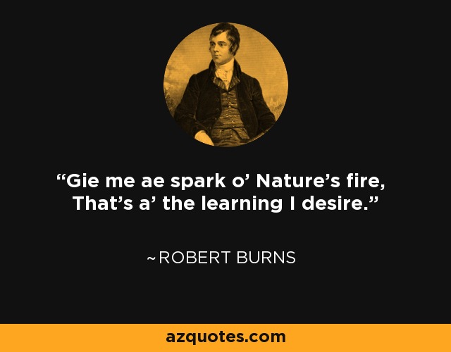 Gie me ae spark o' Nature's fire, That's a' the learning I desire. - Robert Burns