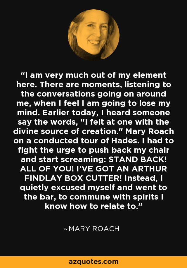 I am very much out of my element here. There are moments, listening to the conversations going on around me, when I feel I am going to lose my mind. Earlier today, I heard someone say the words, 