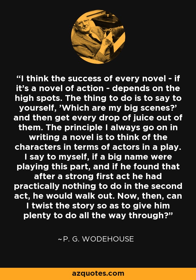 I think the success of every novel - if it's a novel of action - depends on the high spots. The thing to do is to say to yourself, 'Which are my big scenes?' and then get every drop of juice out of them. The principle I always go on in writing a novel is to think of the characters in terms of actors in a play. I say to myself, if a big name were playing this part, and if he found that after a strong first act he had practically nothing to do in the second act, he would walk out. Now, then, can I twist the story so as to give him plenty to do all the way through? - P. G. Wodehouse