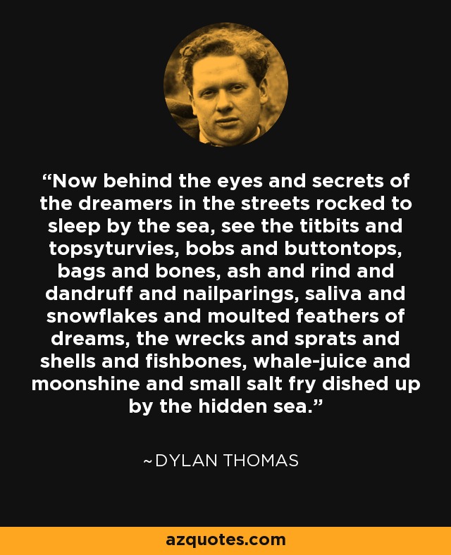 Now behind the eyes and secrets of the dreamers in the streets rocked to sleep by the sea, see the titbits and topsyturvies, bobs and buttontops, bags and bones, ash and rind and dandruff and nailparings, saliva and snowflakes and moulted feathers of dreams, the wrecks and sprats and shells and fishbones, whale-juice and moonshine and small salt fry dished up by the hidden sea. - Dylan Thomas