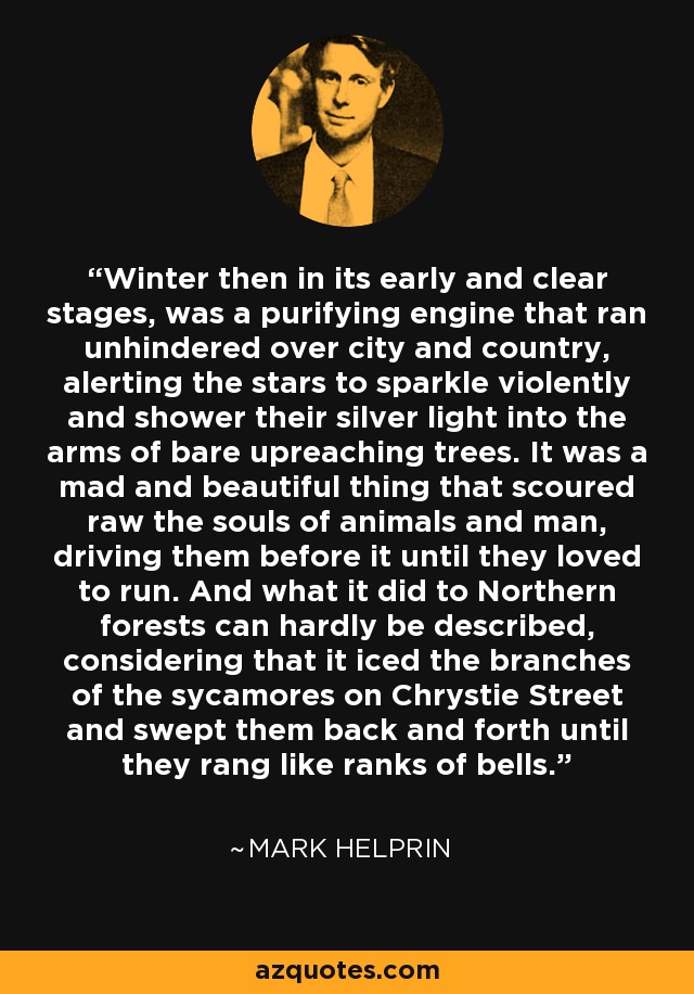 Winter then in its early and clear stages, was a purifying engine that ran unhindered over city and country, alerting the stars to sparkle violently and shower their silver light into the arms of bare upreaching trees. It was a mad and beautiful thing that scoured raw the souls of animals and man, driving them before it until they loved to run. And what it did to Northern forests can hardly be described, considering that it iced the branches of the sycamores on Chrystie Street and swept them back and forth until they rang like ranks of bells. - Mark Helprin