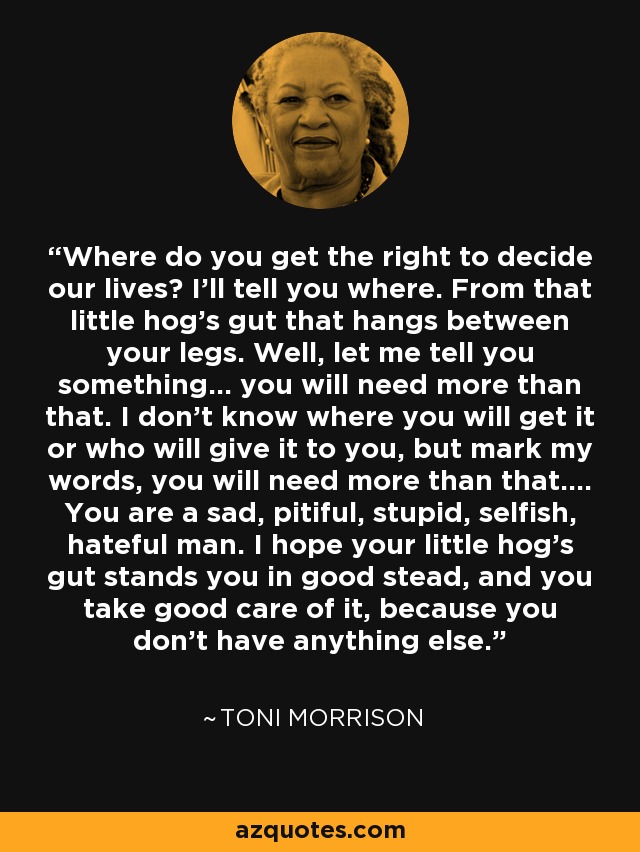 Where do you get the right to decide our lives? I'll tell you where. From that little hog's gut that hangs between your legs. Well, let me tell you something... you will need more than that. I don't know where you will get it or who will give it to you, but mark my words, you will need more than that.... You are a sad, pitiful, stupid, selfish, hateful man. I hope your little hog's gut stands you in good stead, and you take good care of it, because you don't have anything else. - Toni Morrison