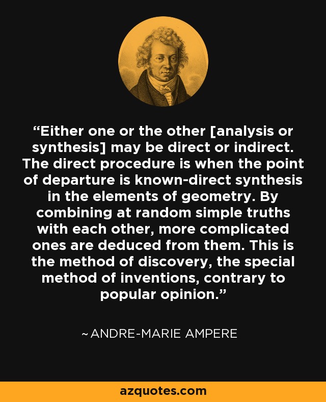 Either one or the other [analysis or synthesis] may be direct or indirect. The direct procedure is when the point of departure is known-direct synthesis in the elements of geometry. By combining at random simple truths with each other, more complicated ones are deduced from them. This is the method of discovery, the special method of inventions, contrary to popular opinion. - Andre-Marie Ampere