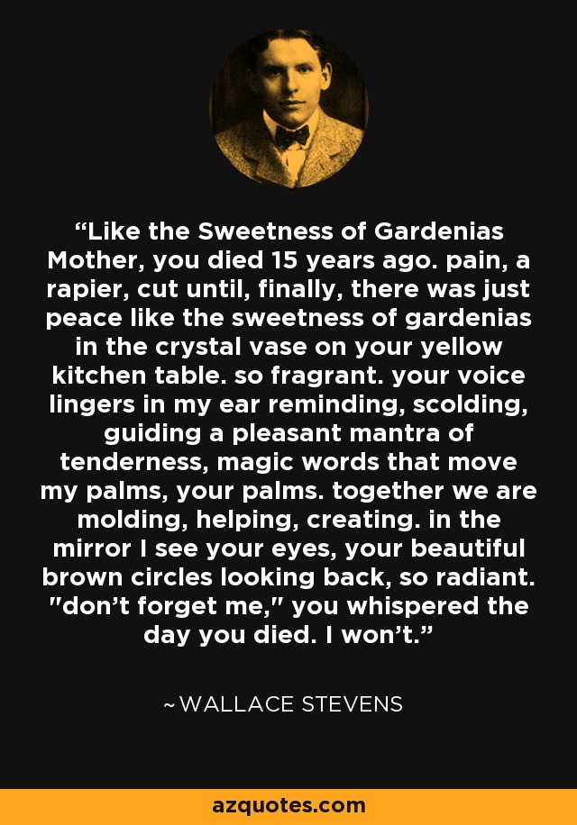 Like the Sweetness of Gardenias Mother, you died 15 years ago. pain, a rapier, cut until, finally, there was just peace like the sweetness of gardenias in the crystal vase on your yellow kitchen table. so fragrant. your voice lingers in my ear reminding, scolding, guiding a pleasant mantra of tenderness, magic words that move my palms, your palms. together we are molding, helping, creating. in the mirror I see your eyes, your beautiful brown circles looking back, so radiant. 
