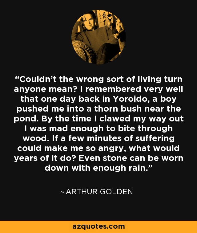 Couldn't the wrong sort of living turn anyone mean? I remembered very well that one day back in Yoroido, a boy pushed me into a thorn bush near the pond. By the time I clawed my way out I was mad enough to bite through wood. If a few minutes of suffering could make me so angry, what would years of it do? Even stone can be worn down with enough rain. - Arthur Golden