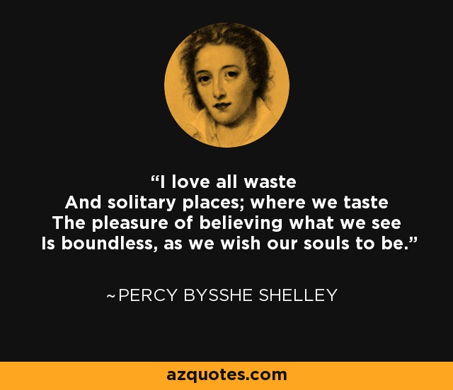 I love all waste And solitary places; where we taste The pleasure of believing what we see Is boundless, as we wish our souls to be. - Percy Bysshe Shelley