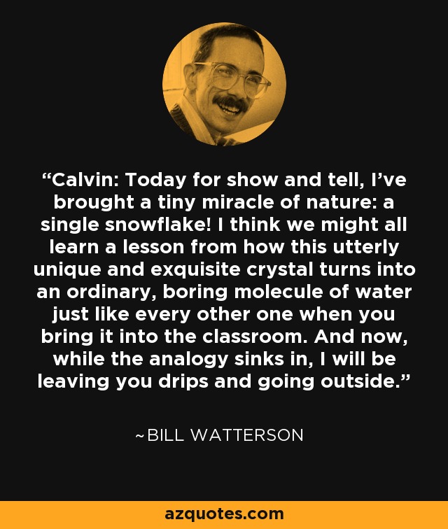 Calvin: Today for show and tell, I've brought a tiny miracle of nature: a single snowflake! I think we might all learn a lesson from how this utterly unique and exquisite crystal turns into an ordinary, boring molecule of water just like every other one when you bring it into the classroom. And now, while the analogy sinks in, I will be leaving you drips and going outside. - Bill Watterson